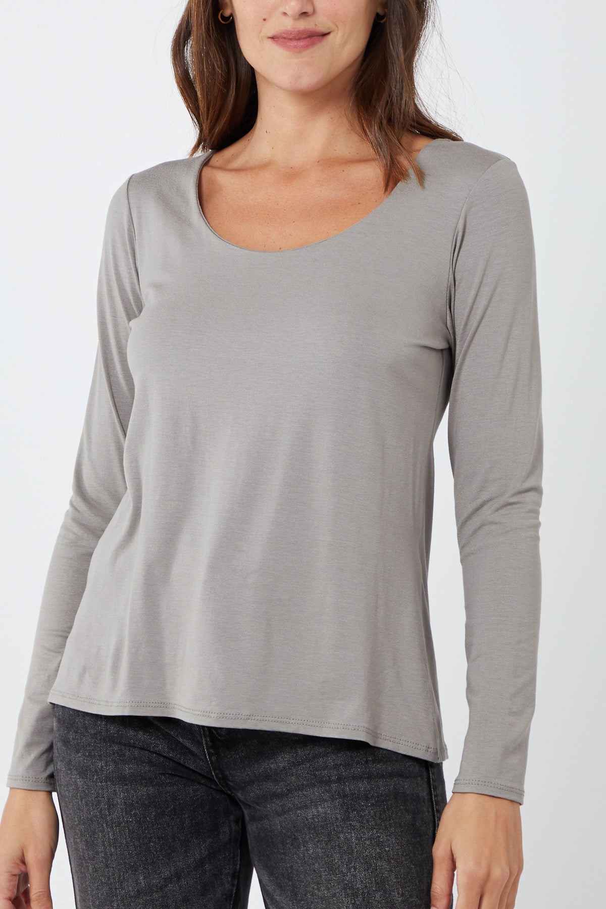 Basic Double Layer Scoop Neck Long Sleeve Top TOPMF2 WearAll Mocha One Size