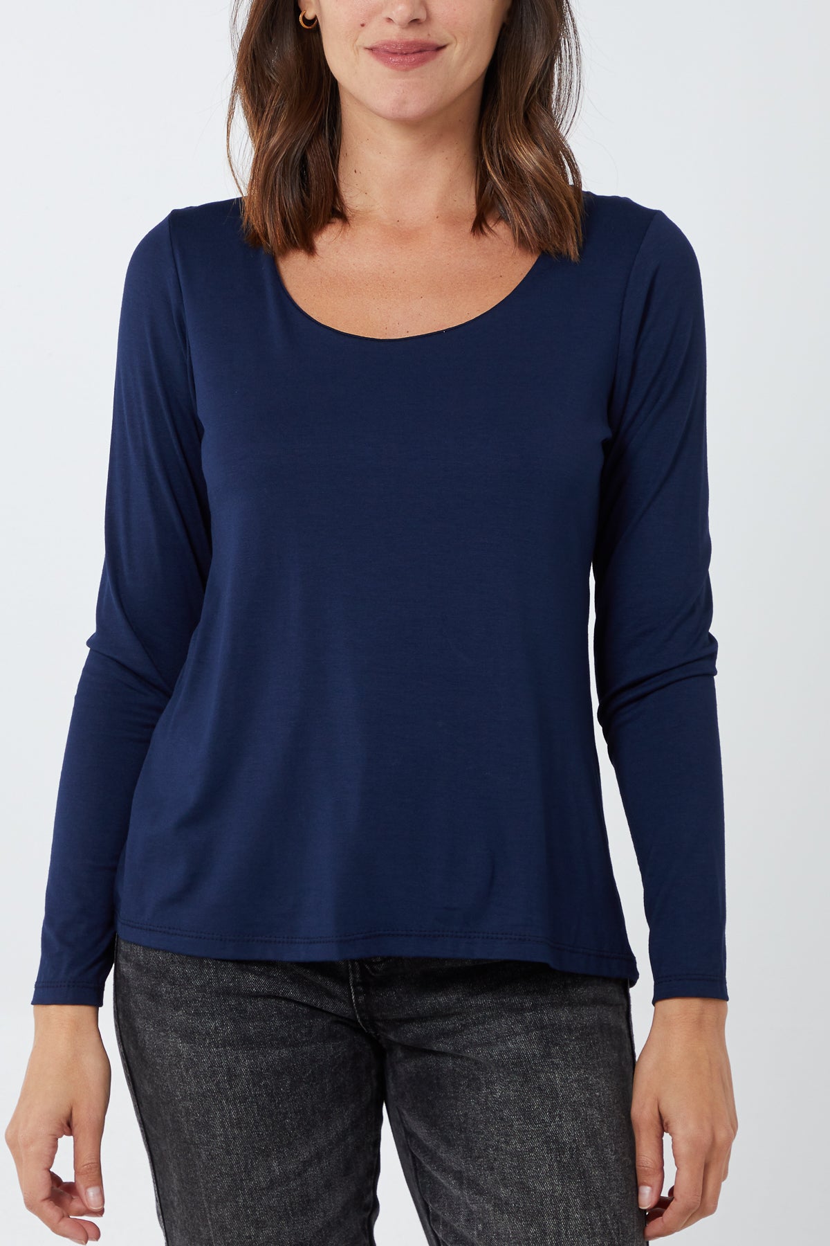 Basic Double Layer Scoop Neck Long Sleeve Top TOPMF2 WearAll Navy One Size