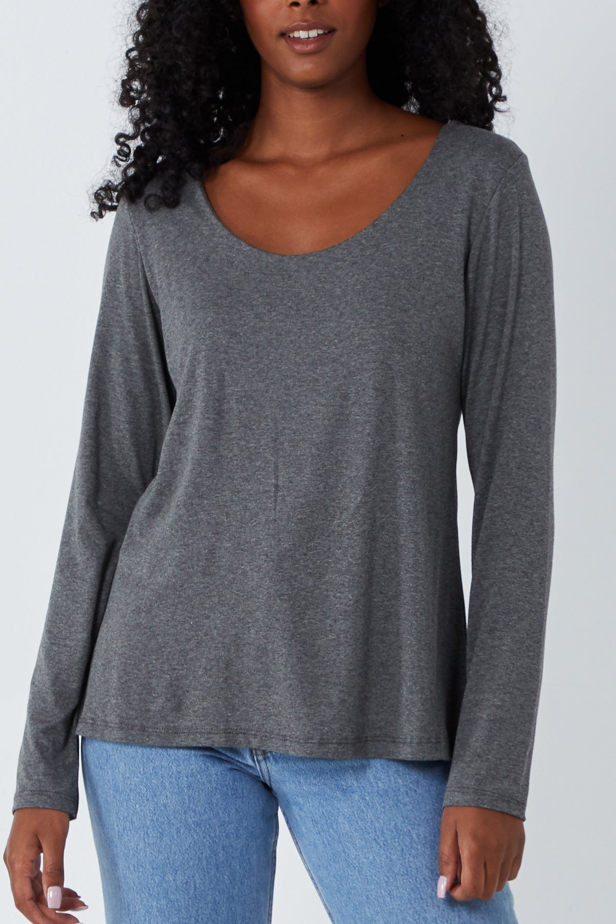 Basic Double Layer Scoop Neck Long Sleeve Top TOPMF2 WearAll Dark Grey One Size