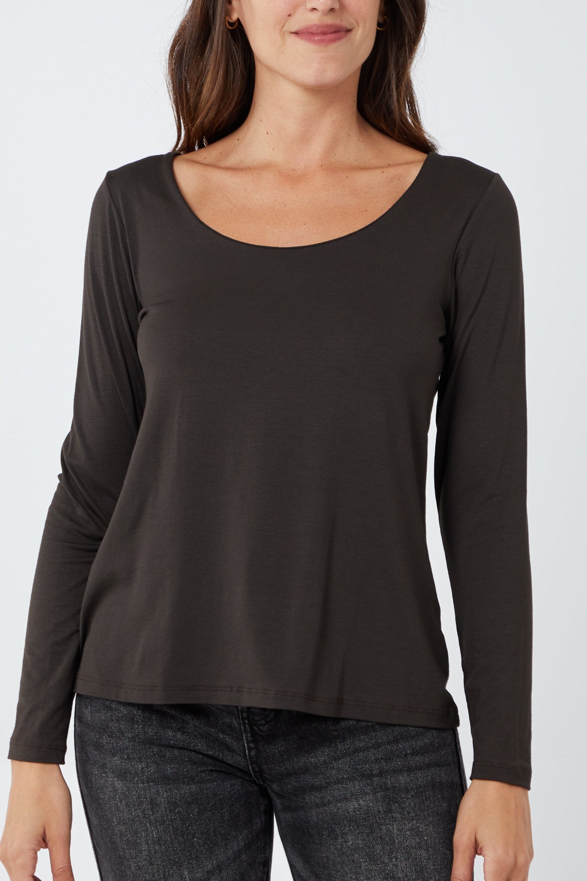 Basic Double Layer Scoop Neck Long Sleeve Top TOPMF2 WearAll Chocolate One Size