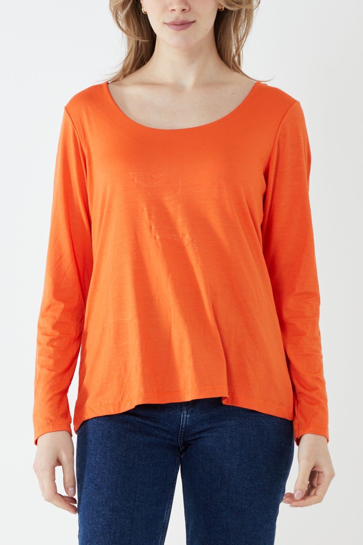 Basic Double Layer Scoop Neck Long Sleeve Top TOPMF2 WearAll Orange One Size