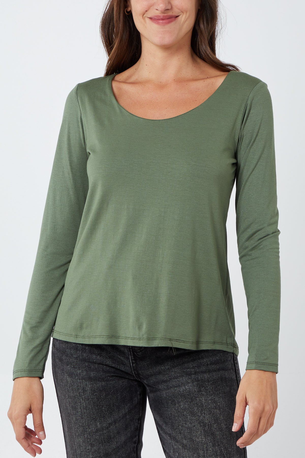 Basic Double Layer Scoop Neck Long Sleeve Top TOPMF2 WearAll Khaki One Size