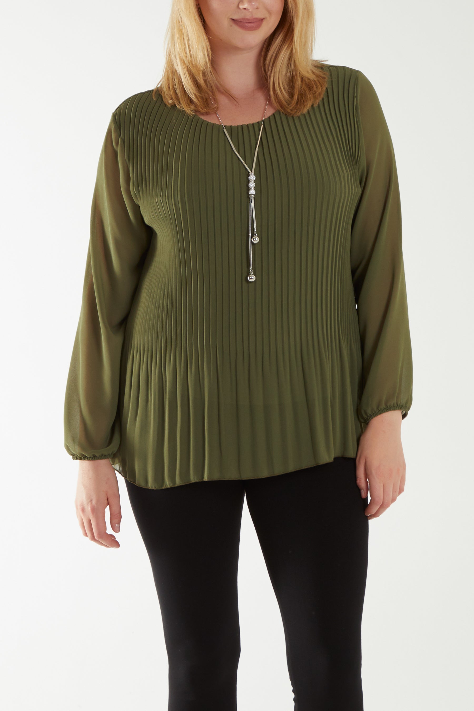 Pleated Long Sleeve Necklace Top TOPMF2 WearAll Khaki One Size
