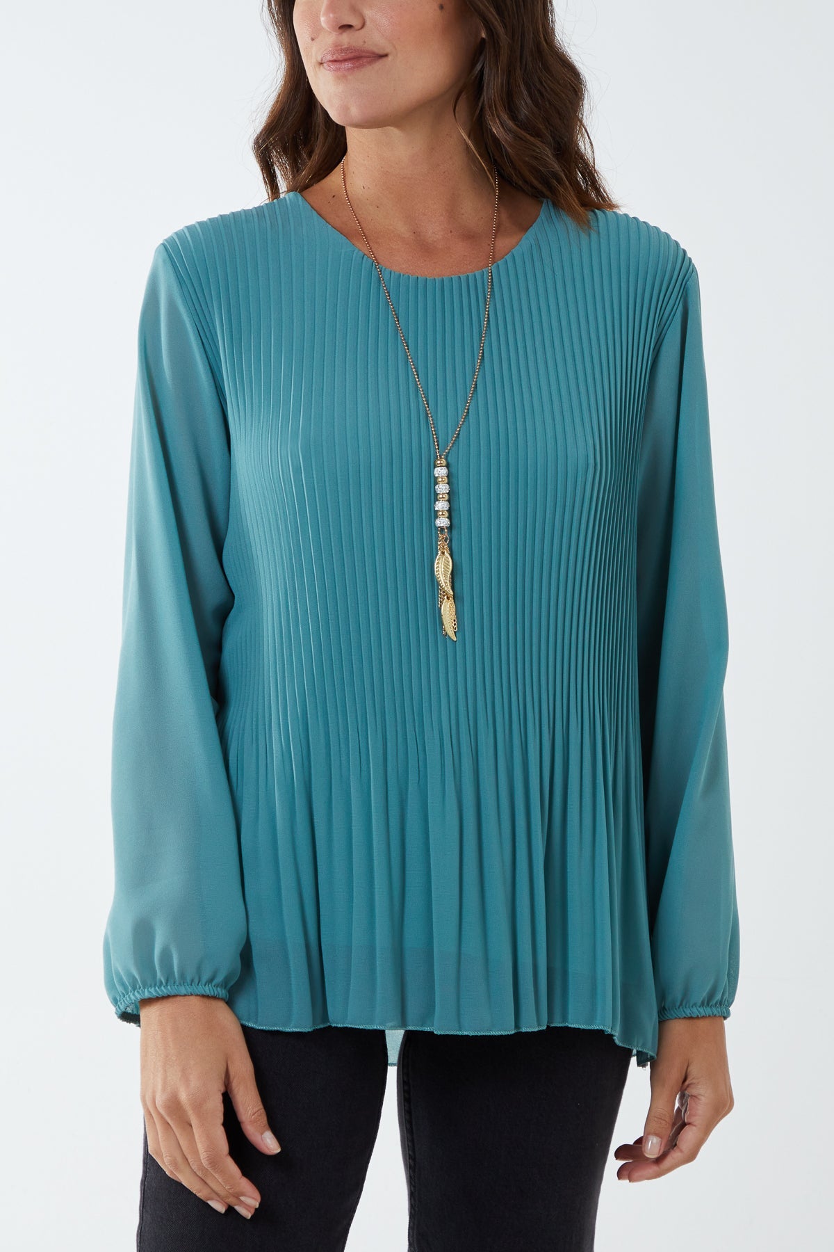 Pleated Long Sleeve Necklace Top TOPMF2 WearAll Sage One Size