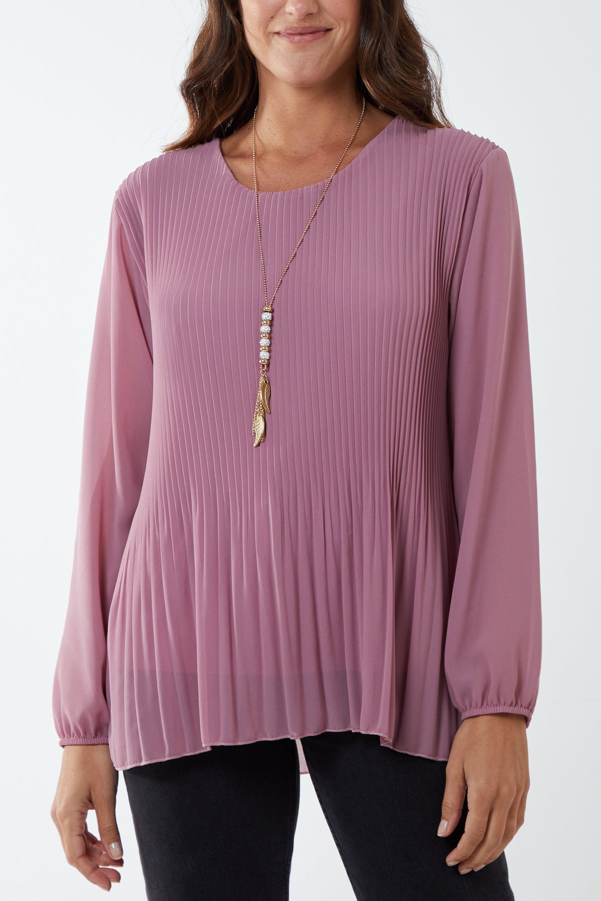 Pleated Long Sleeve Necklace Top TOPMF2 WearAll Rose One Size