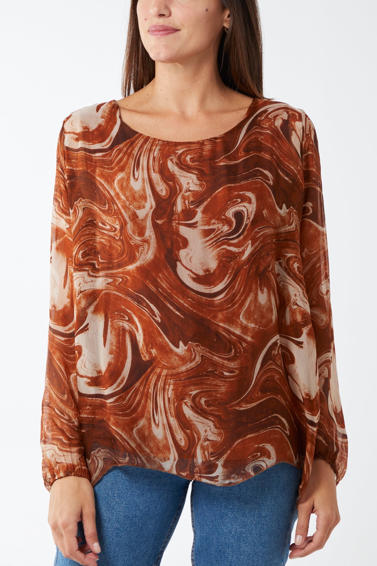 Scoop Neck Abstract Swirl Print Silk Blouse TOPMF2 WearAll Rust One Size