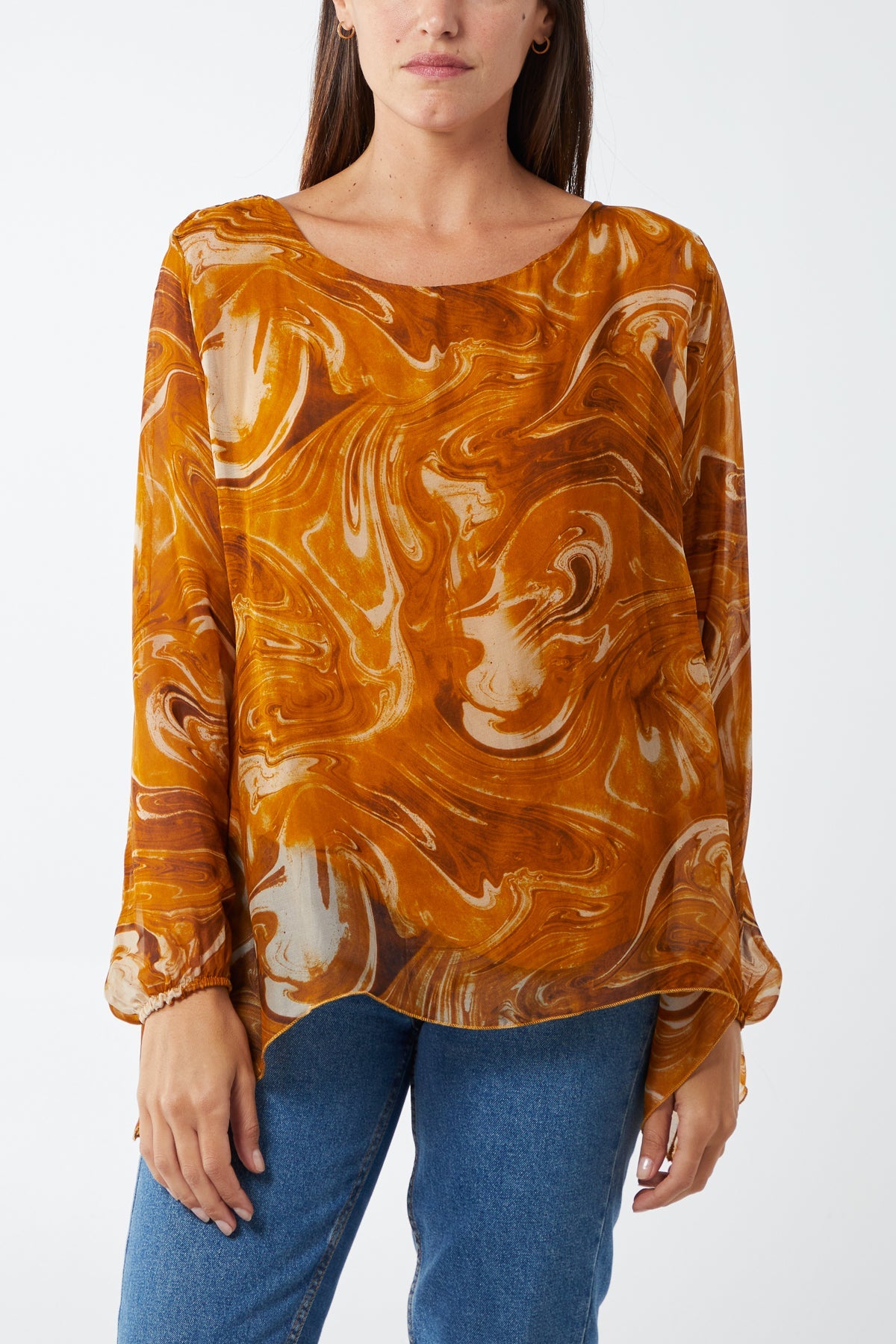 Scoop Neck Abstract Swirl Print Silk Blouse TOPMF2 WearAll Gold One Size