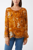 Scoop Neck Abstract Swirl Print Silk Blouse TOPMF2 WearAll Gold One Size