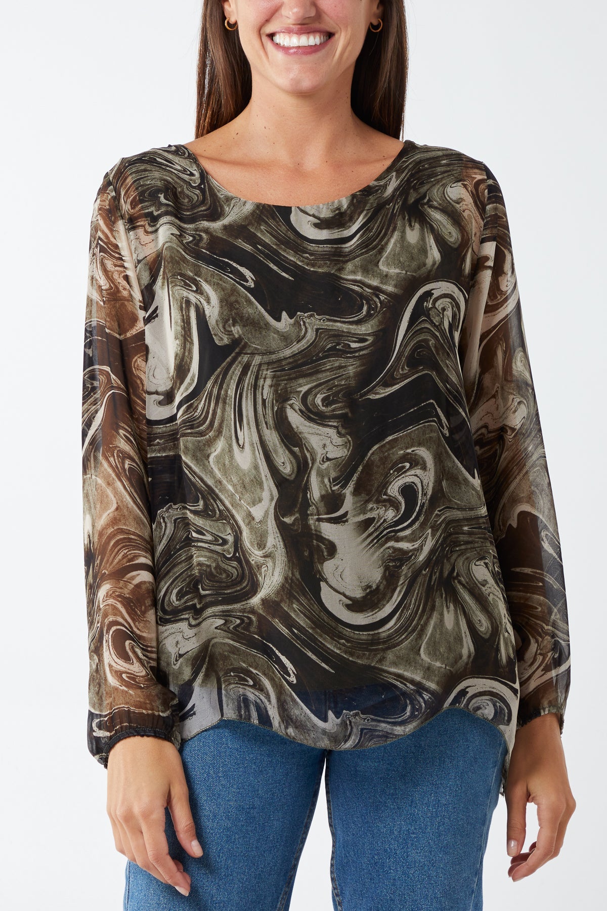 Scoop Neck Abstract Swirl Print Silk Blouse TOPMF2 WearAll Topaz One Size