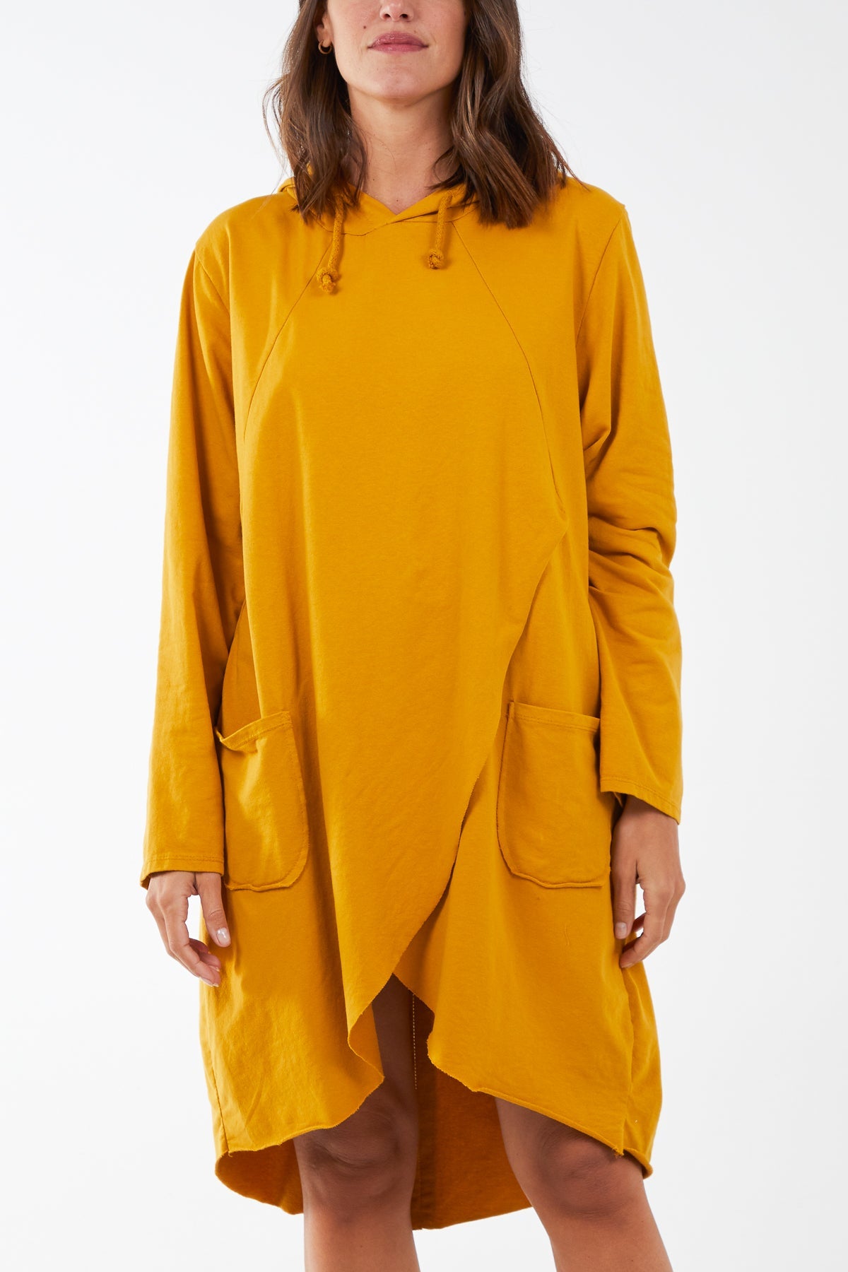Fake Wrap Hoodie Dress With Pockets DMF2 WearAll Mustard One Size