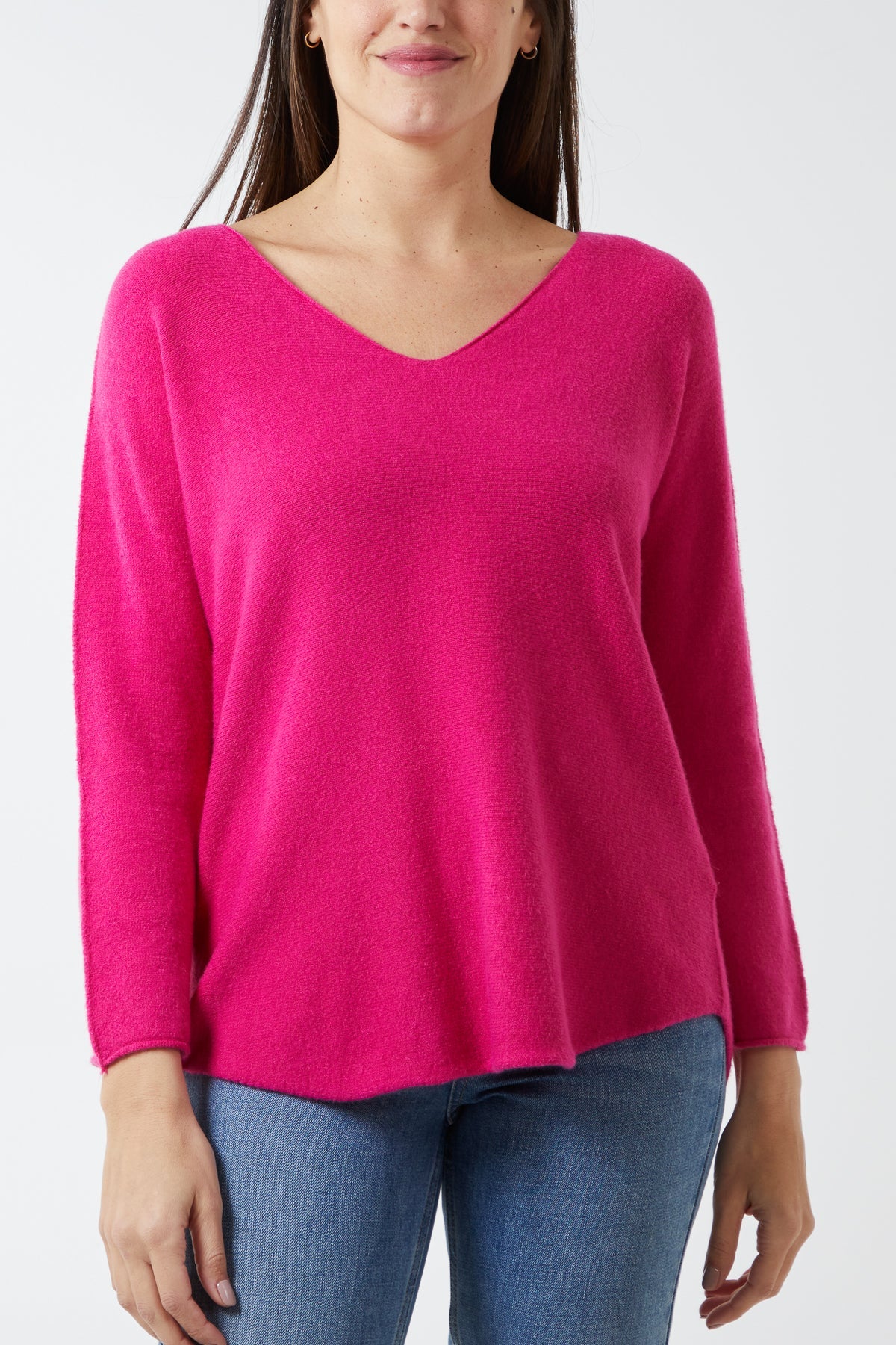 Raw Edge V-Neck Jumper TOPMF2 WearAll Fuchsia One Size