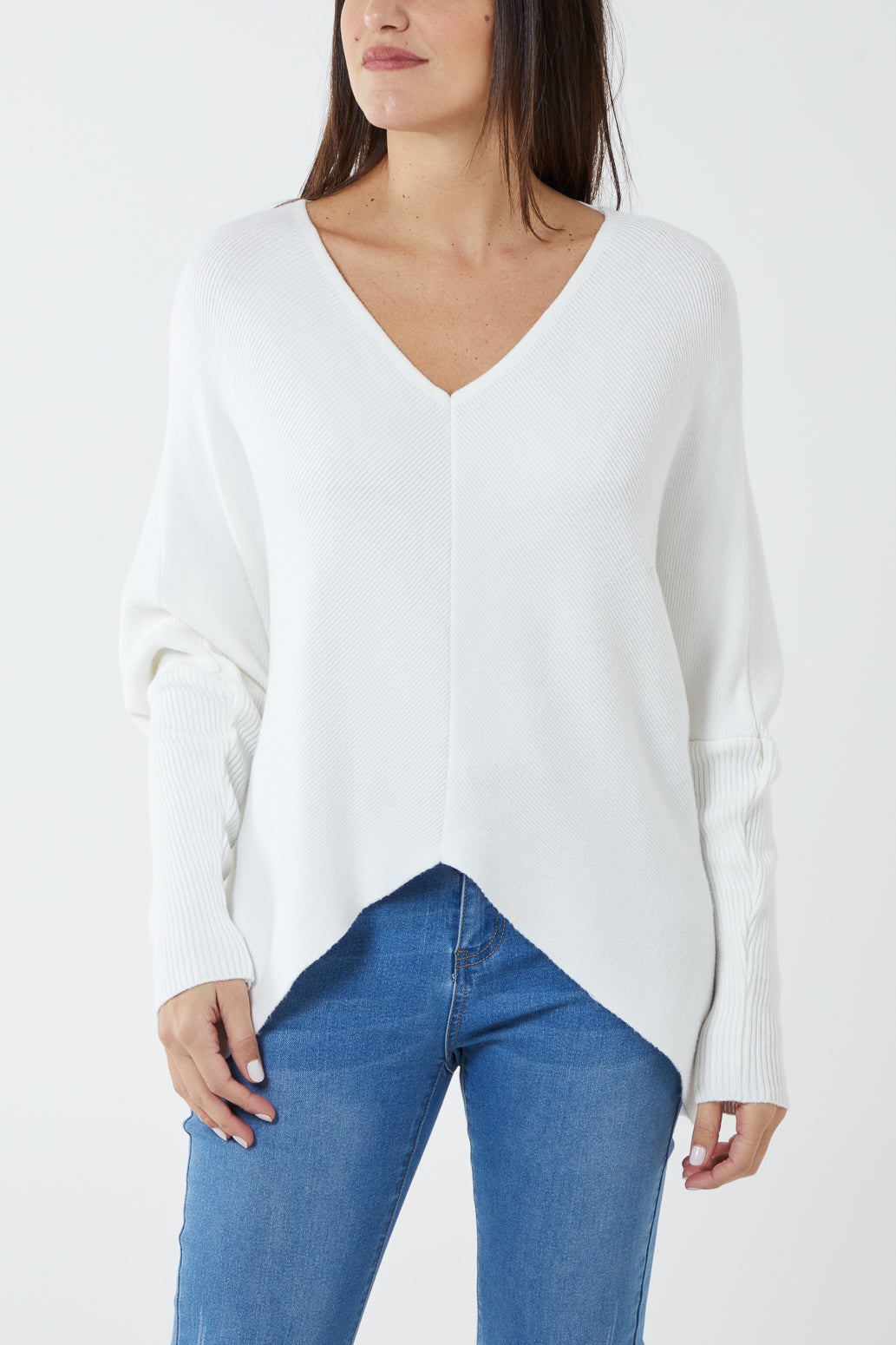 Deep V-Neck Ribbed Chevron Jumper JMF1 WearAll Ivory One Size