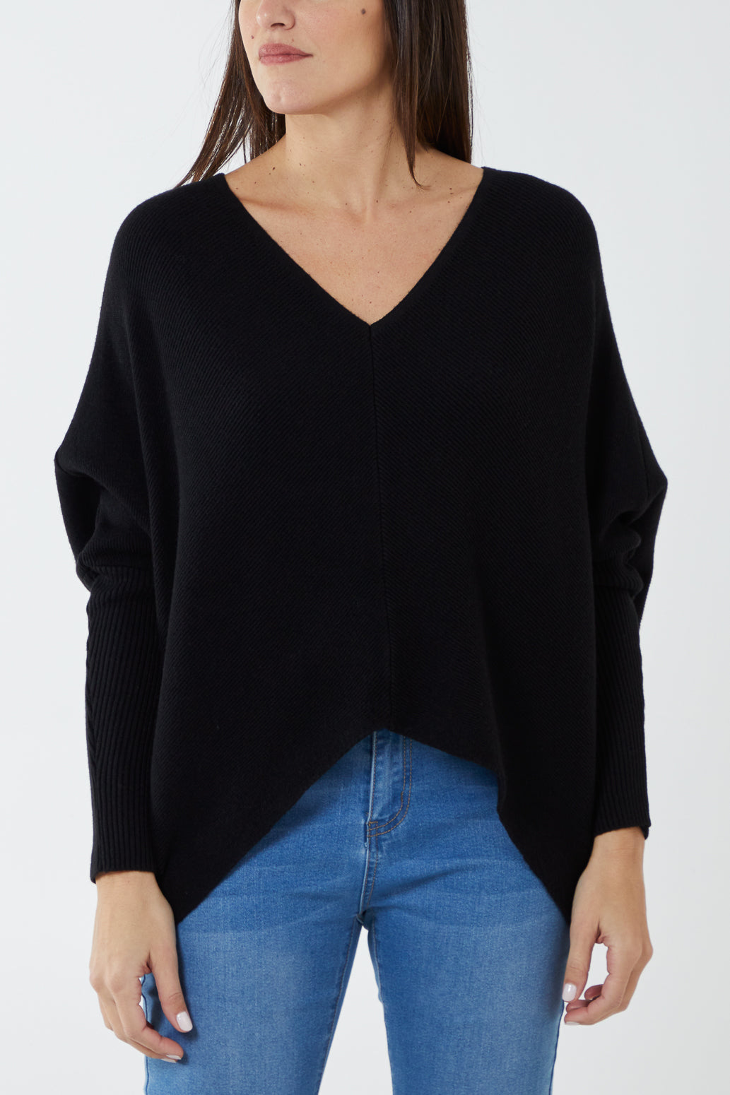 Deep V-Neck Ribbed Chevron Jumper JMF1 WearAll Black One Size