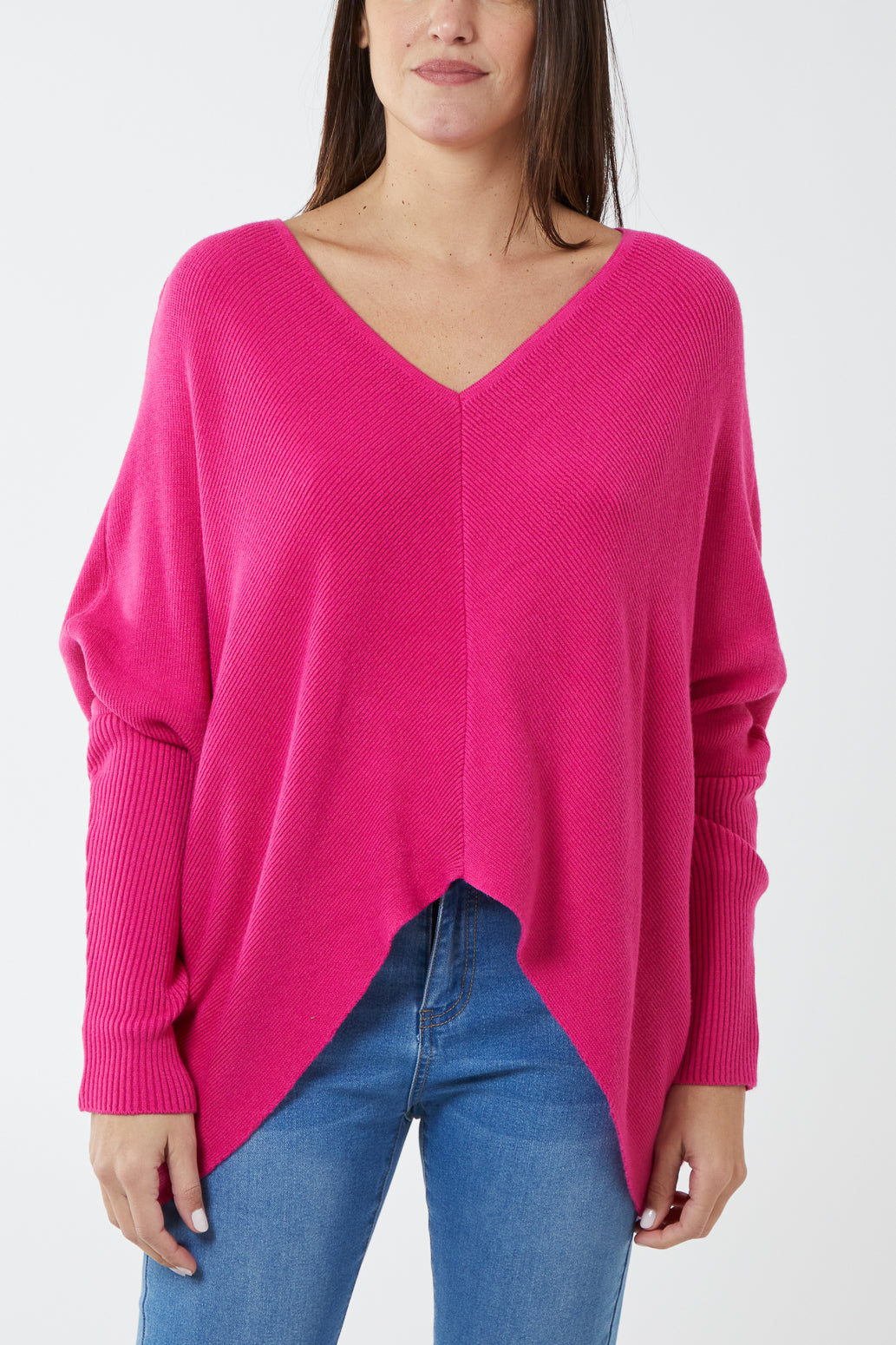 Deep V-Neck Ribbed Chevron Jumper JMF1 WearAll Fuchsia One Size