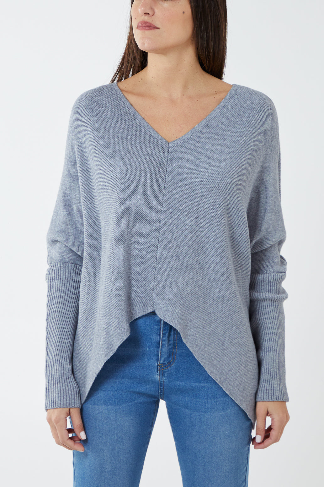 Deep V-Neck Ribbed Chevron Jumper JMF1 WearAll Grey Melange One Size