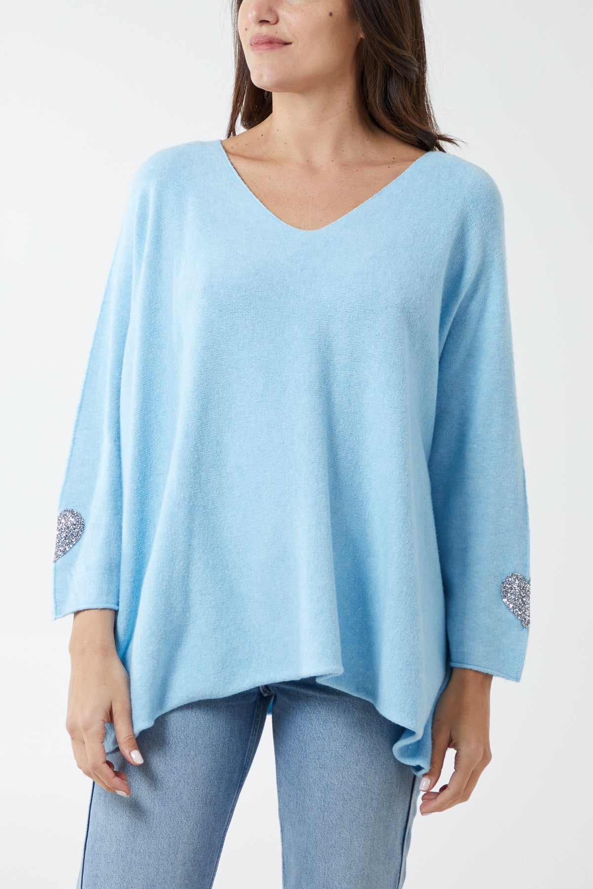 Appliqued Hearts Sleeves V-Neck Jumper JMF1 WearAll Light Blue One Size