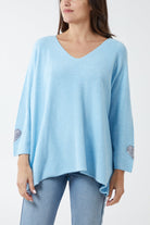 Appliqued Hearts Sleeves V-Neck Jumper JMF1 WearAll Light Blue One Size