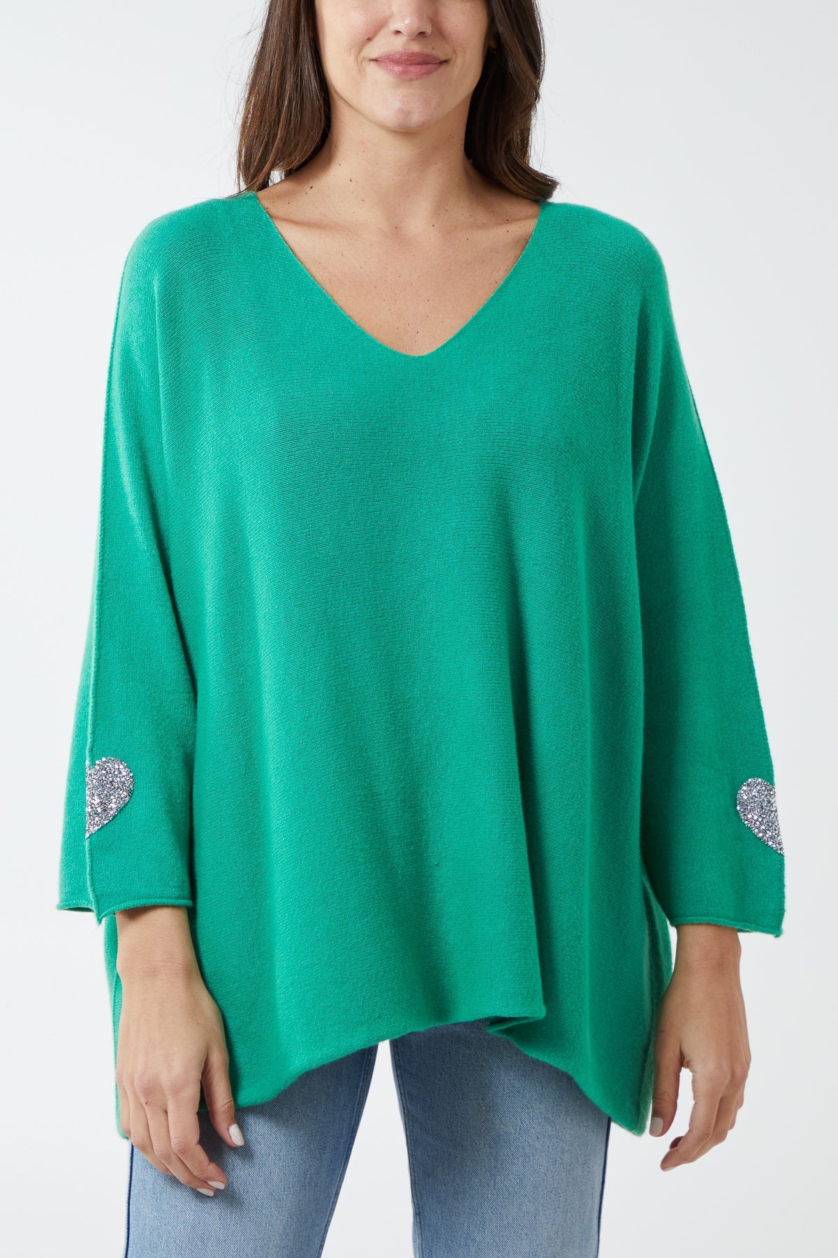 Appliqued Hearts Sleeves V-Neck Jumper JMF1 WearAll Jade One Size