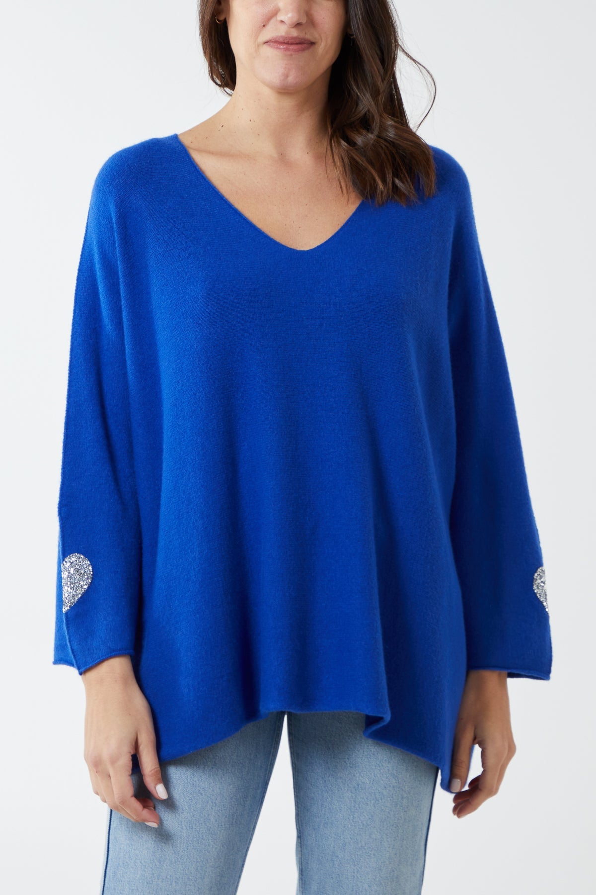 Appliqued Hearts Sleeves V-Neck Jumper JMF1 WearAll Royal Blue One Size