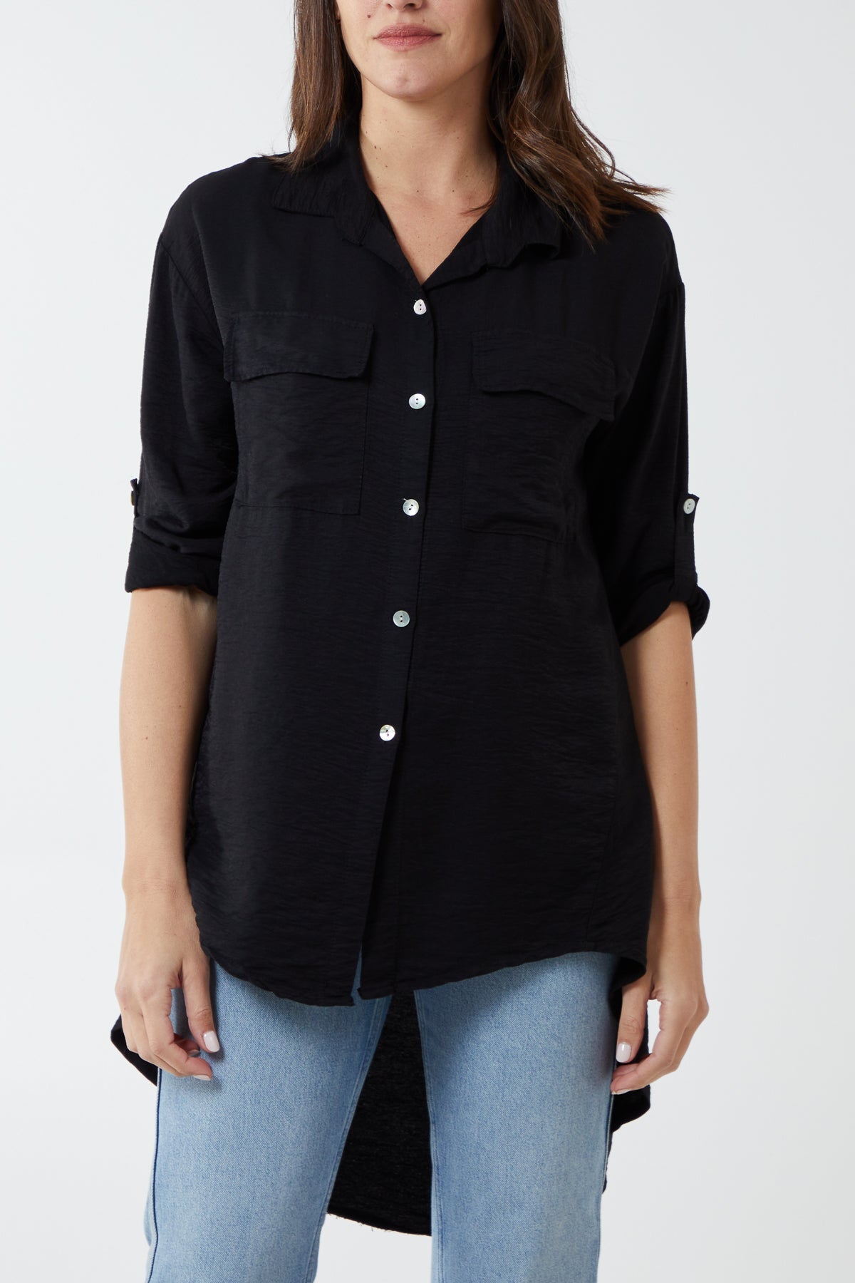 Two Pocket Asymmetric Hem Cotton Shirt TOPMF2 WearAll Black One Size