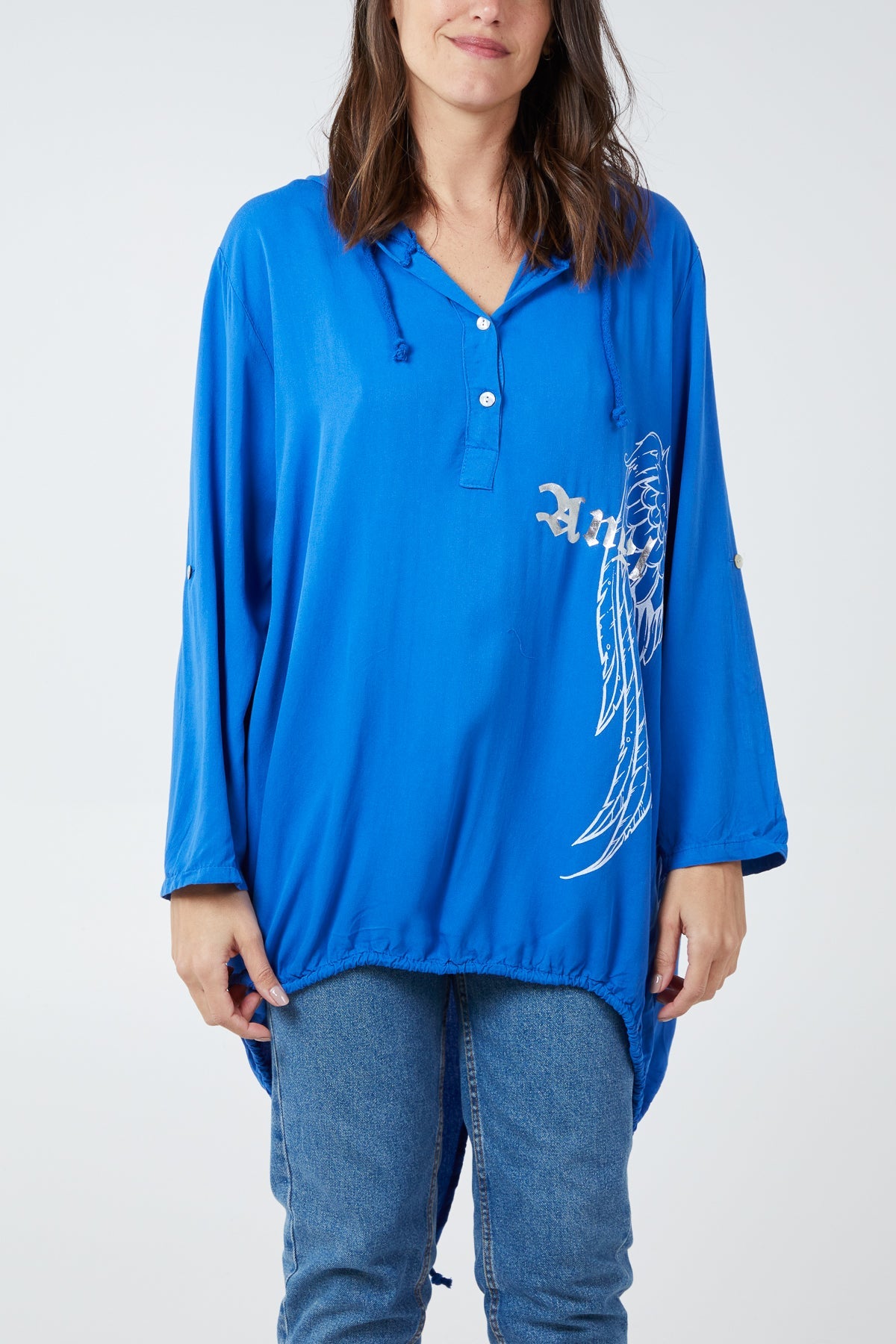 "Angel" Wings Dip Hem Hooded Shirt TOPMF2 WearAll Royal Blue One Size