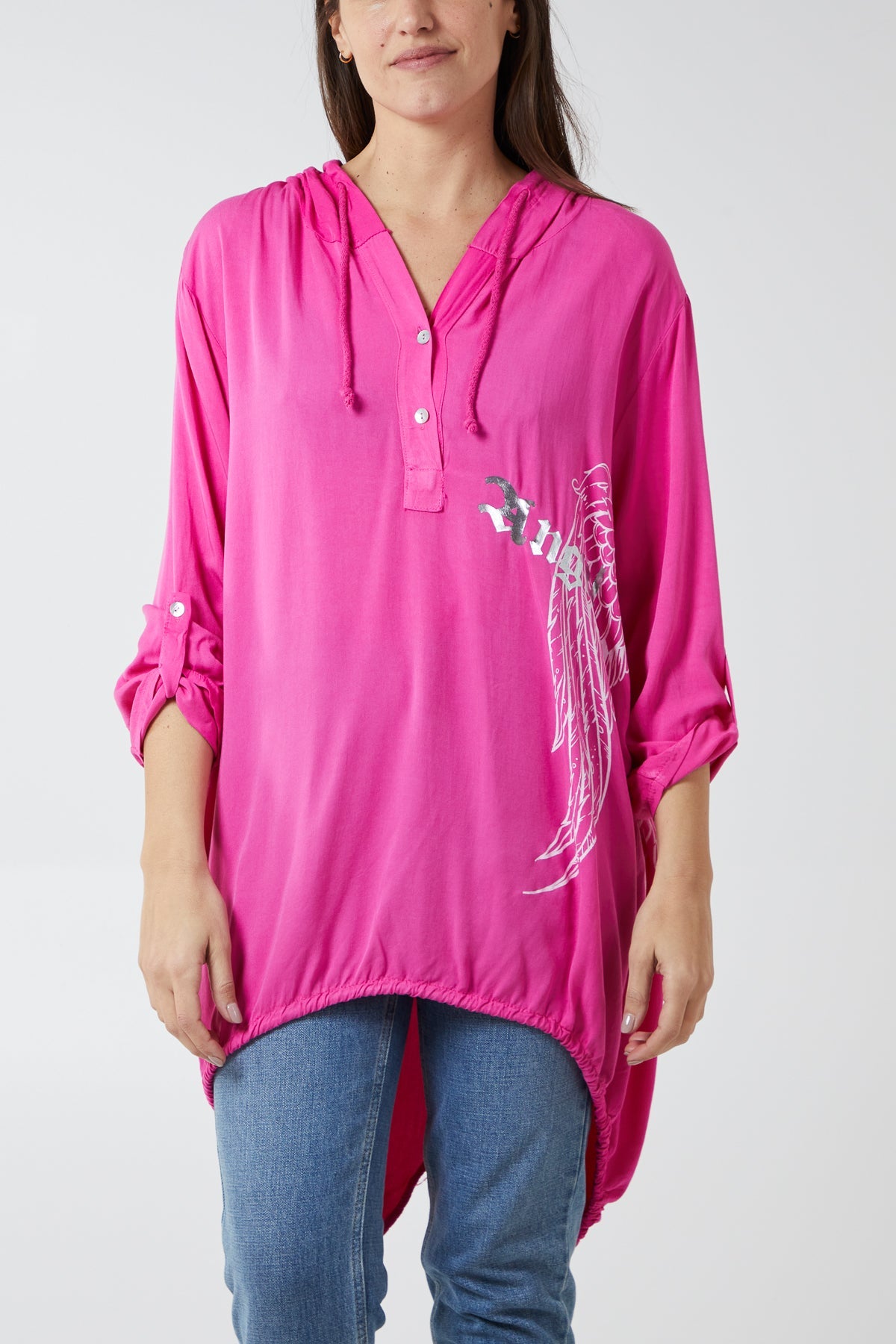 "Angel" Wings Dip Hem Hooded Shirt TOPMF2 WearAll Hot Pink One Size