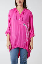 "Angel" Wings Dip Hem Hooded Shirt TOPMF2 WearAll Hot Pink One Size