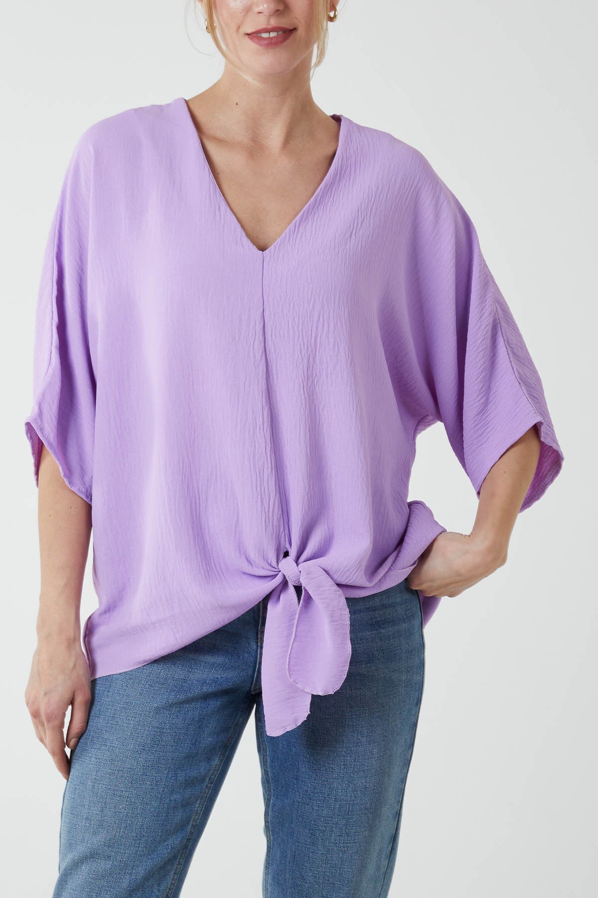 V-Neck Centre Front Tie Hem Blouse TOPMF2 WearAll Lilac One Size