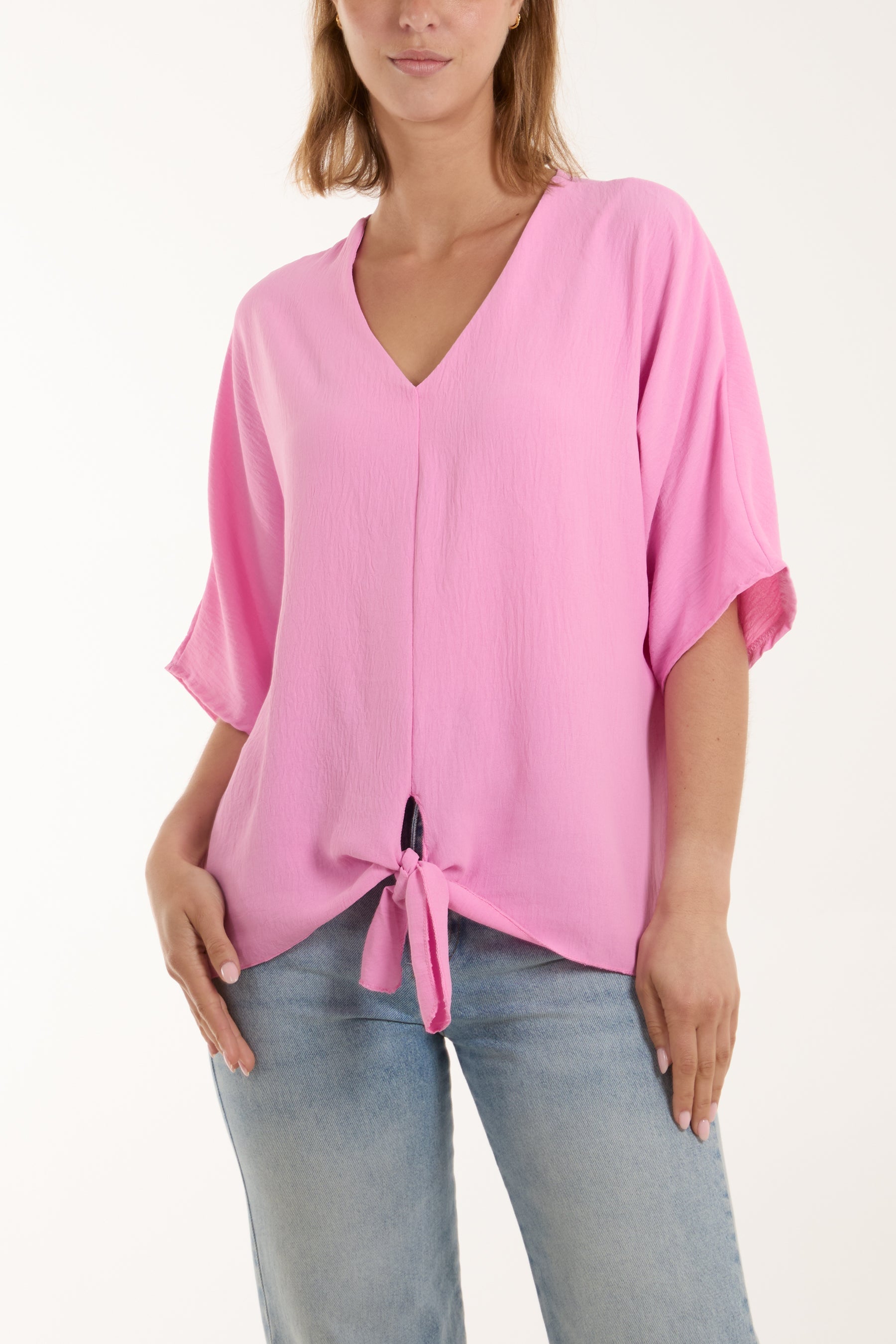 V-Neck Centre Front Tie Hem Blouse TOPMF2 WearAll BubbleGum Pink One Size