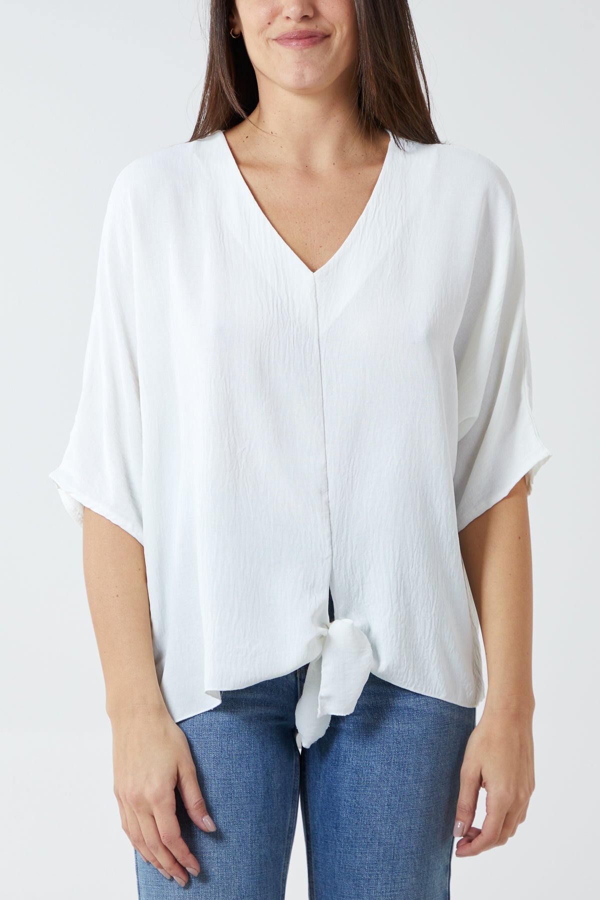 V-Neck Centre Front Tie Hem Blouse TOPMF2 WearAll White One Size