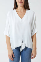 V-Neck Centre Front Tie Hem Blouse TOPMF2 WearAll White One Size