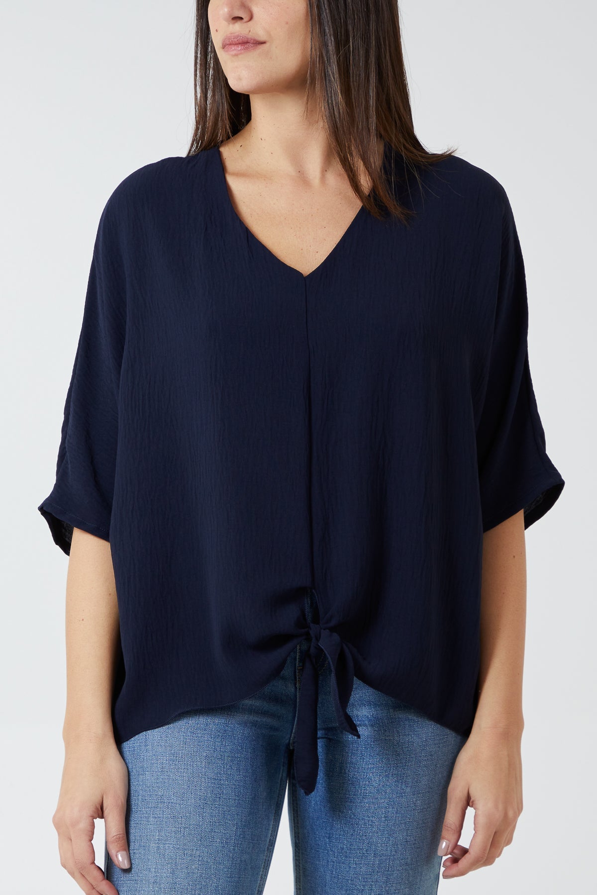 V-Neck Centre Front Tie Hem Blouse TOPMF2 WearAll Navy One Size