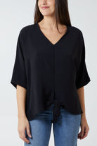 V-Neck Centre Front Tie Hem Blouse TOPMF2 WearAll Black One Size