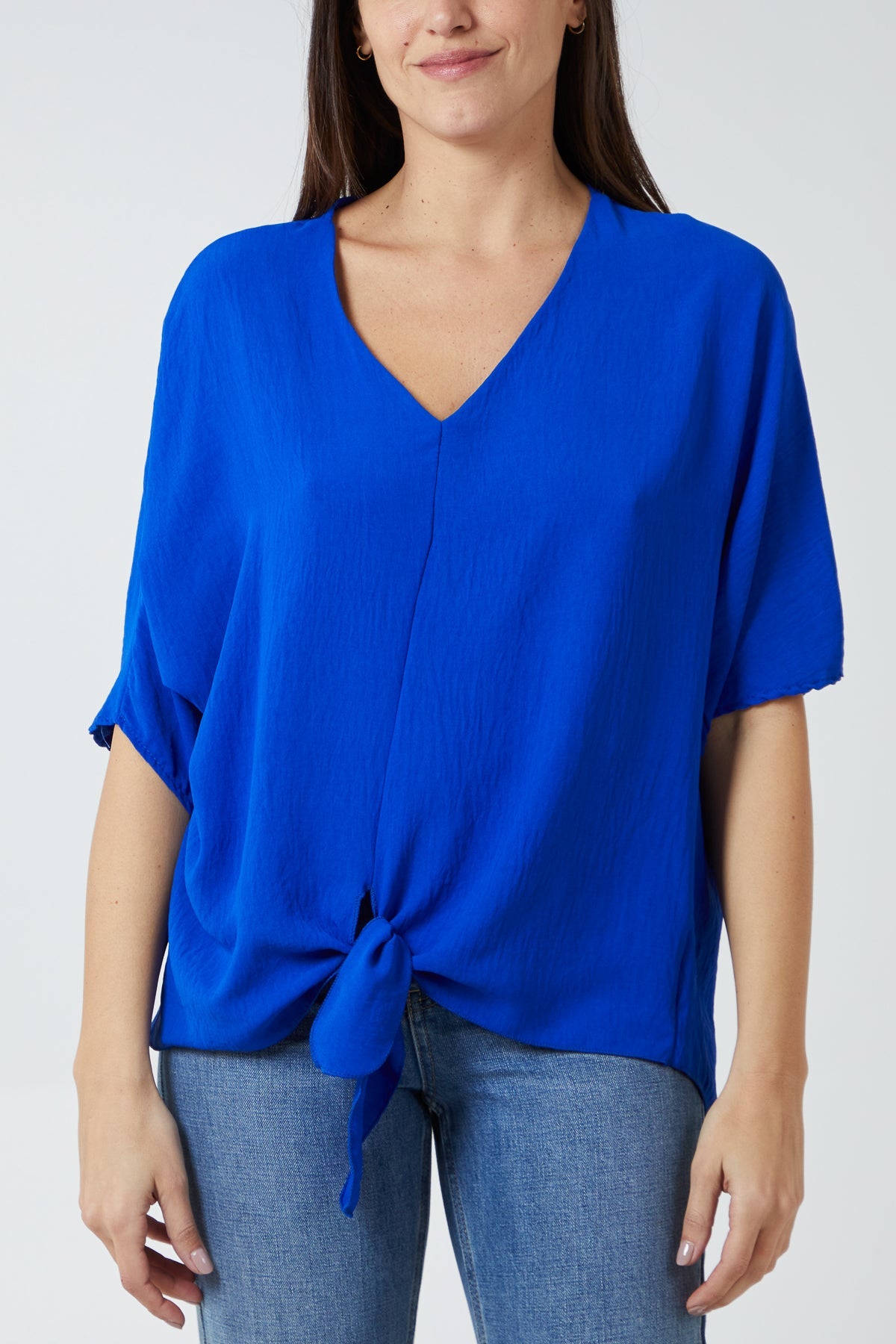 V-Neck Centre Front Tie Hem Blouse TOPMF2 WearAll Royal Blue One Size
