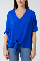 V-Neck Centre Front Tie Hem Blouse TOPMF2 WearAll Royal Blue One Size