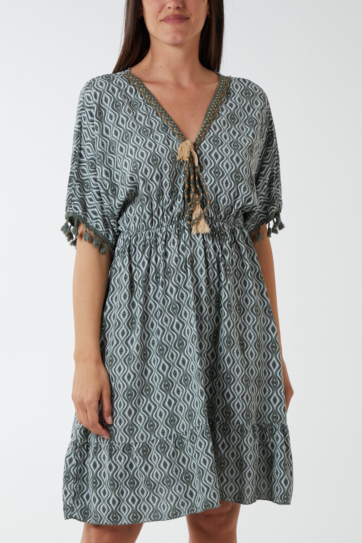 Geometric Tassel Trim Dress DMF2 WearAll Khaki One Size