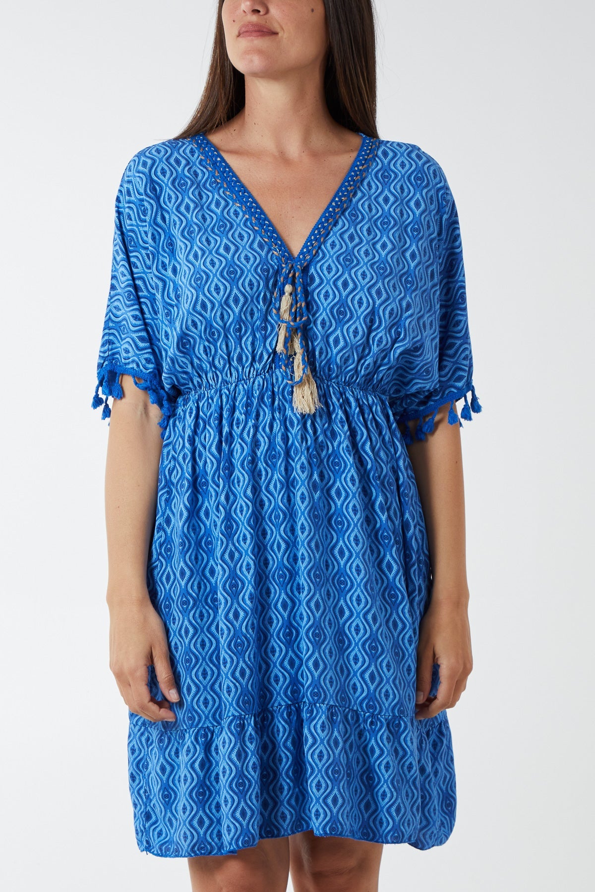 Geometric Tassel Trim Dress DMF2 WearAll Royal Blue One Size