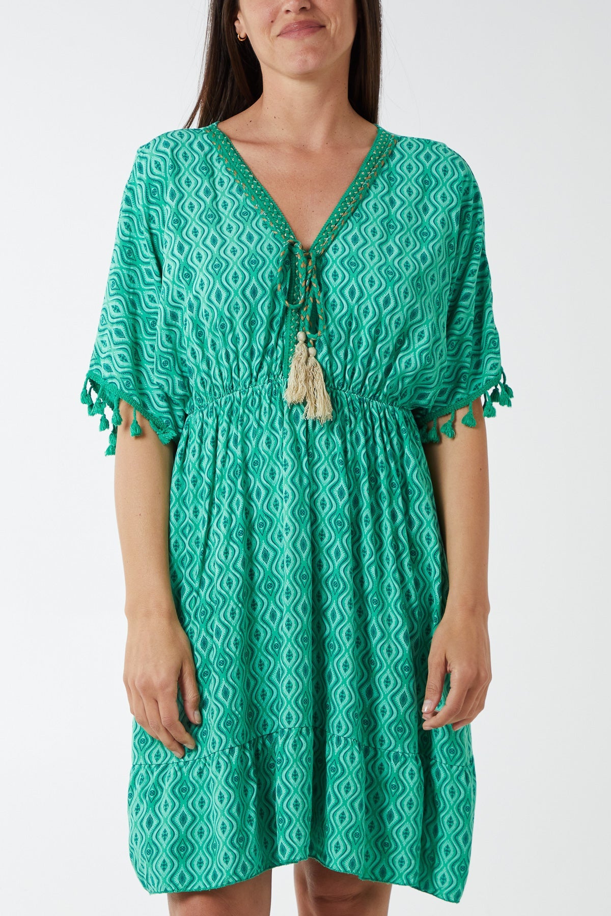 Geometric Tassel Trim Dress DMF2 WearAll Apple Green One Size