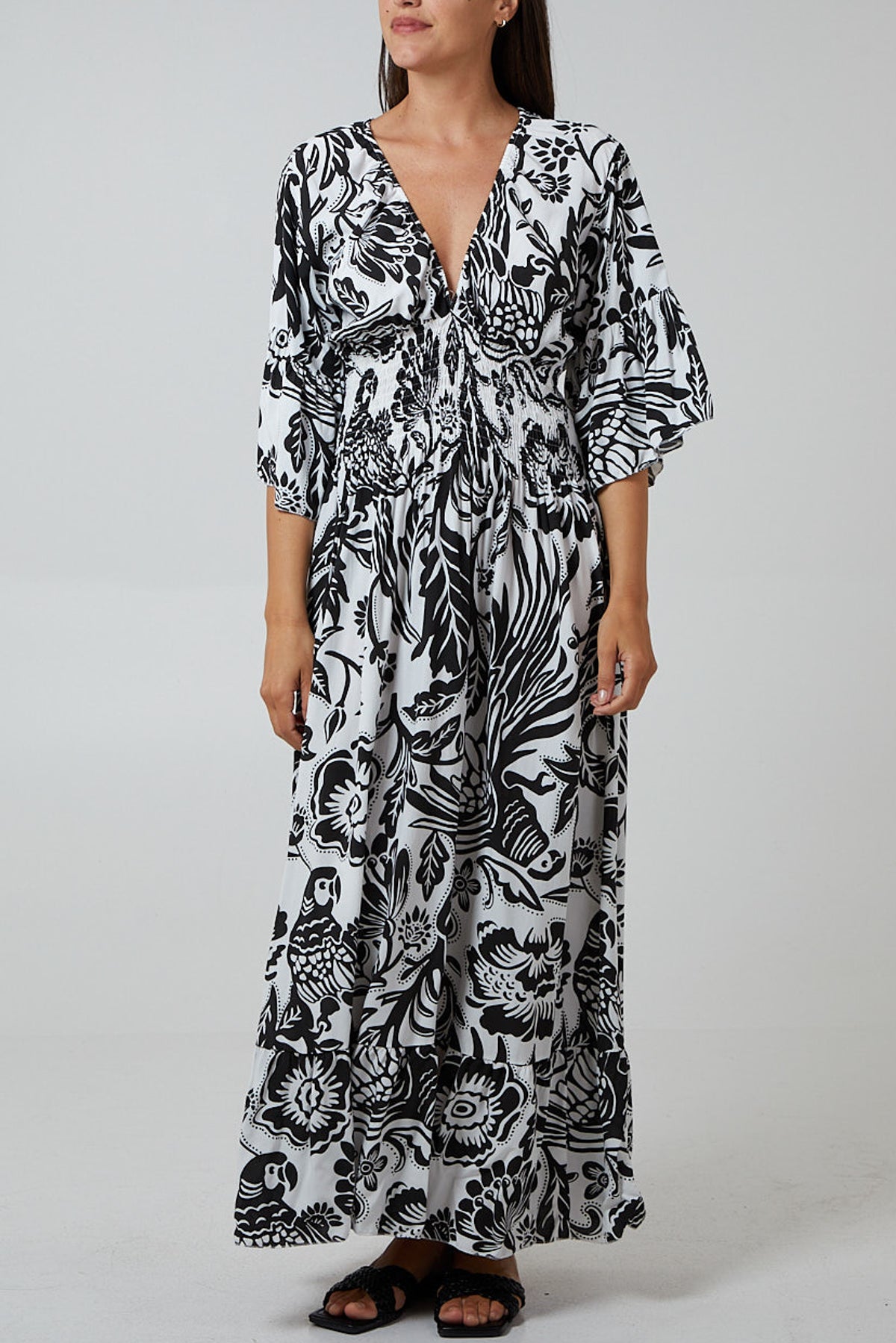 Floral Shirred Waist Maxi Dress DMF2 WearAll Black One Size