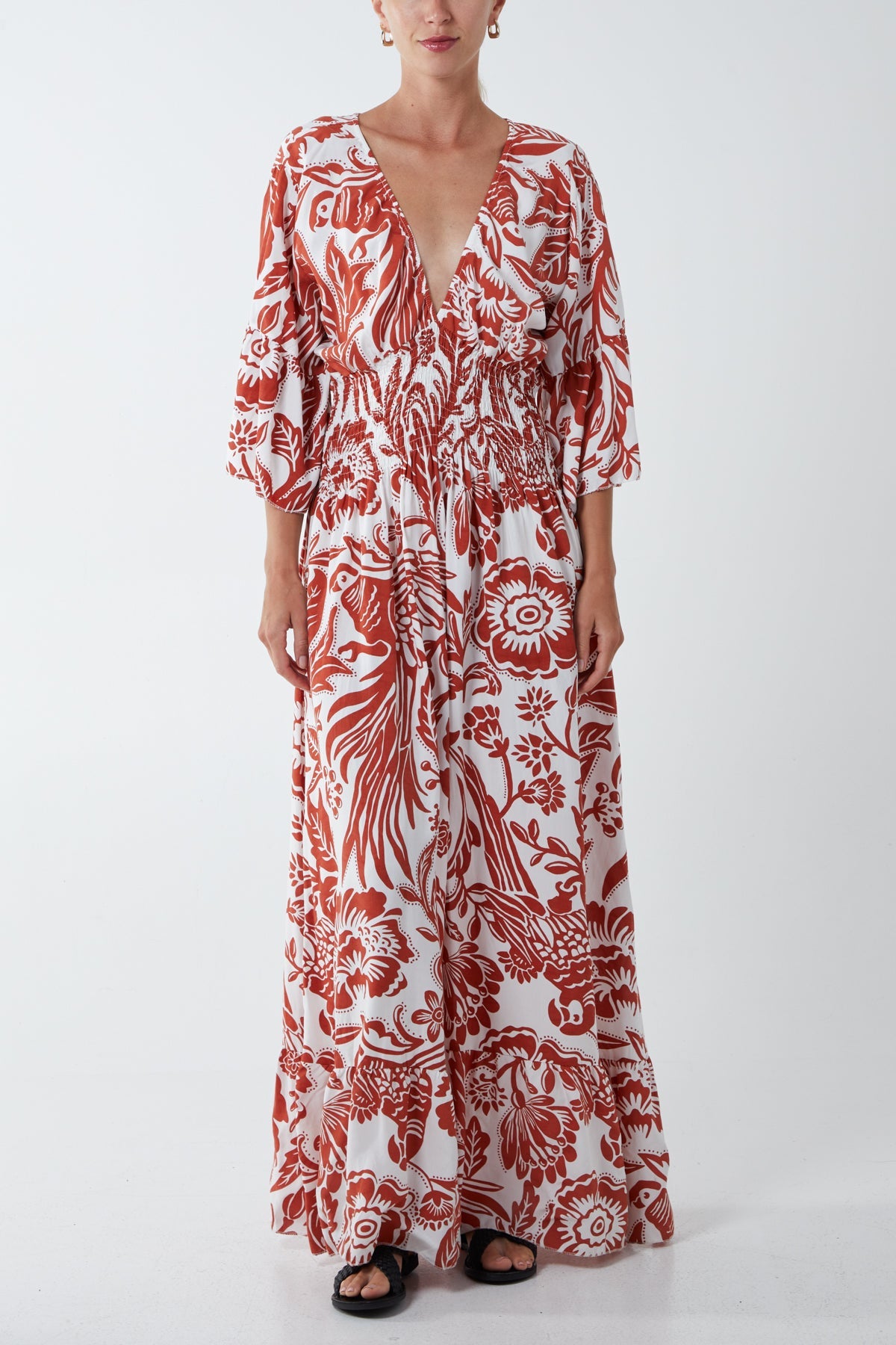 Floral Shirred Waist Maxi Dress DMF2 WearAll Terracotta One Size