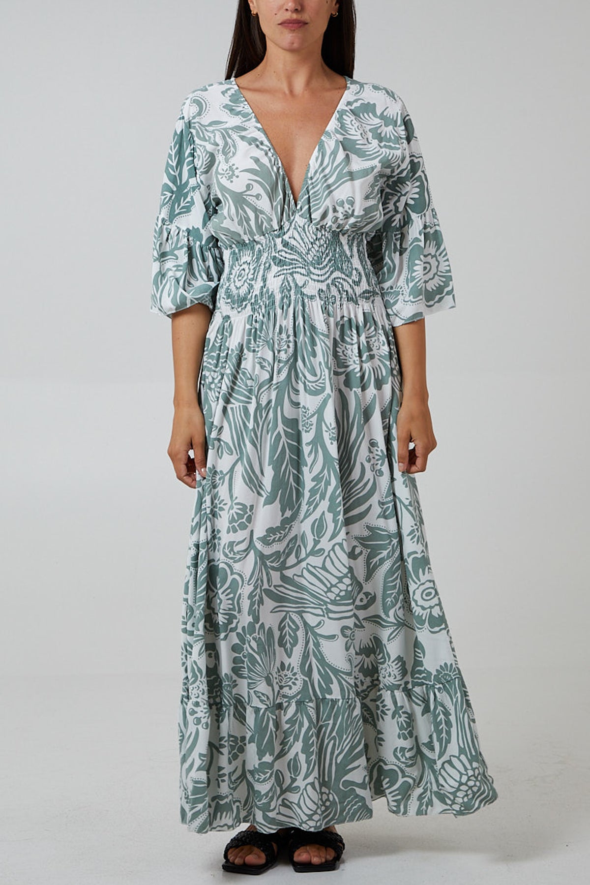 Floral Shirred Waist Maxi Dress DMF2 WearAll Khaki One Size