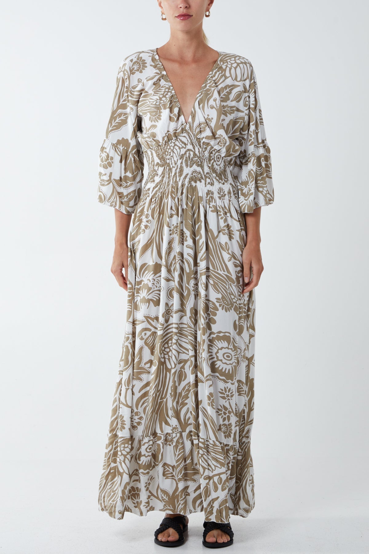 Floral Shirred Waist Maxi Dress DMF2 WearAll Olive Green One Size