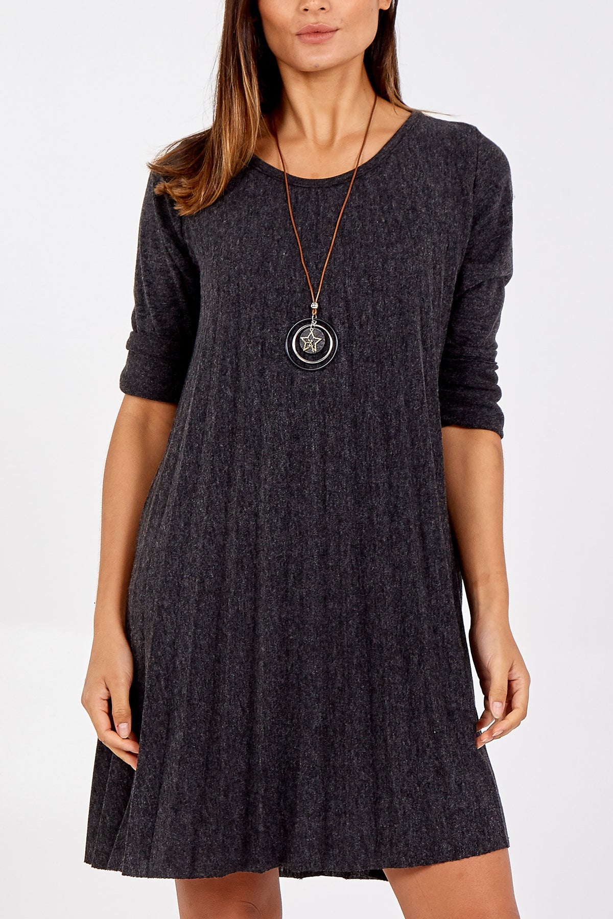 Pleated Necklace Dress DMF2 WearAll Charcoal One Size