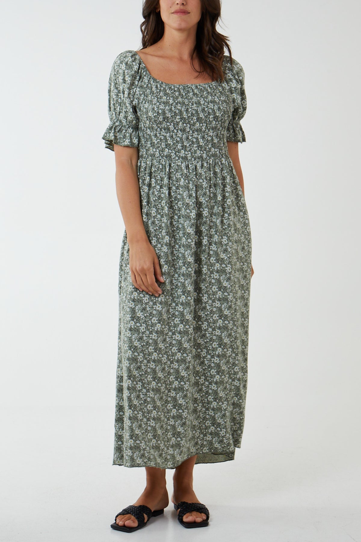 Puff Sleeve Floral Shirred Bodice Dress Clothing WearAll Khaki One Size