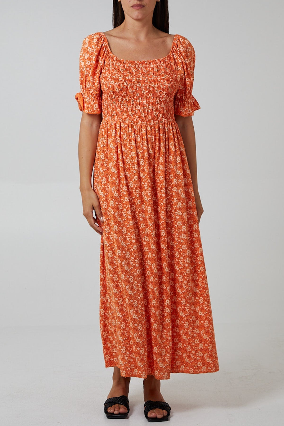 Puff Sleeve Floral Shirred Bodice Dress Clothing WearAll Orange One Size