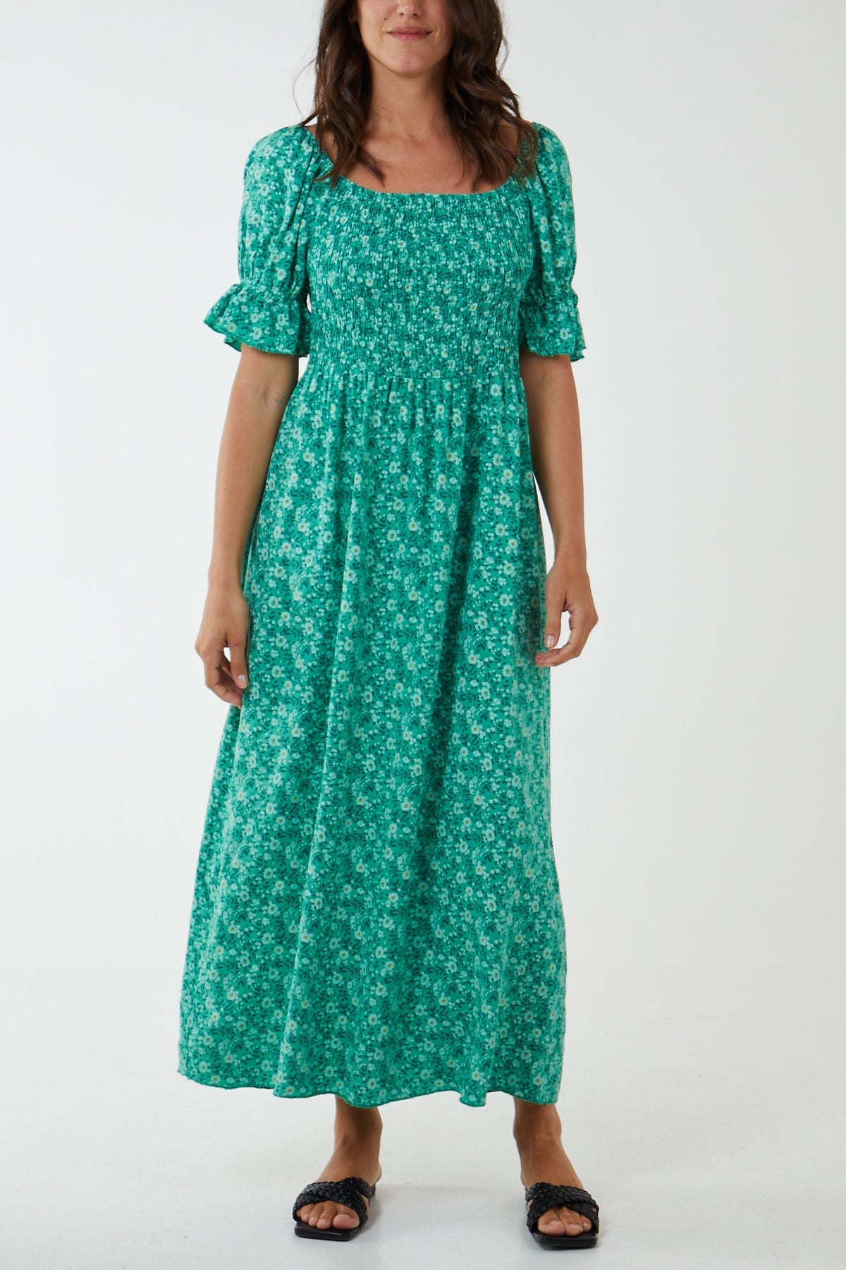 Puff Sleeve Floral Shirred Bodice Dress Clothing WearAll Jade One Size