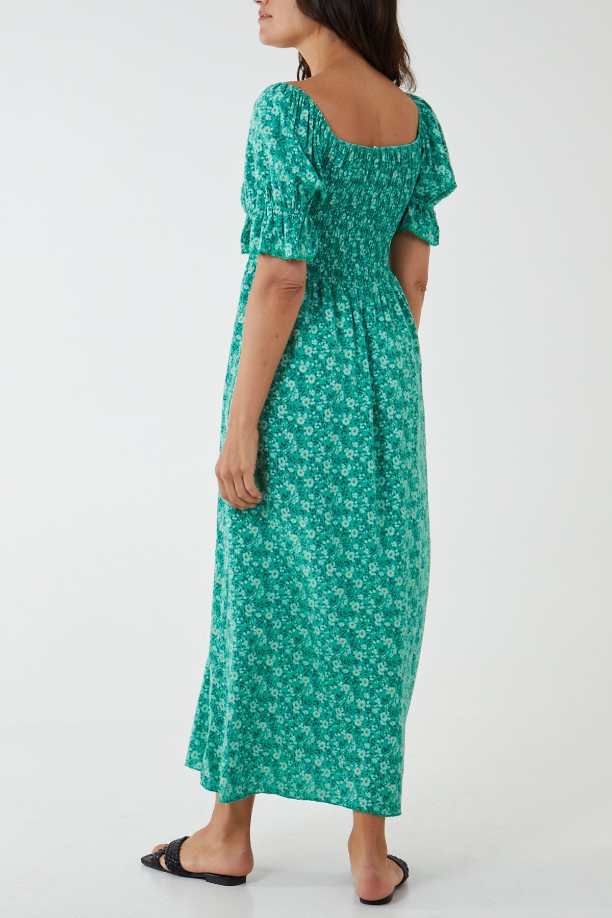 Puff Sleeve Floral Shirred Bodice Dress Clothing WearAll