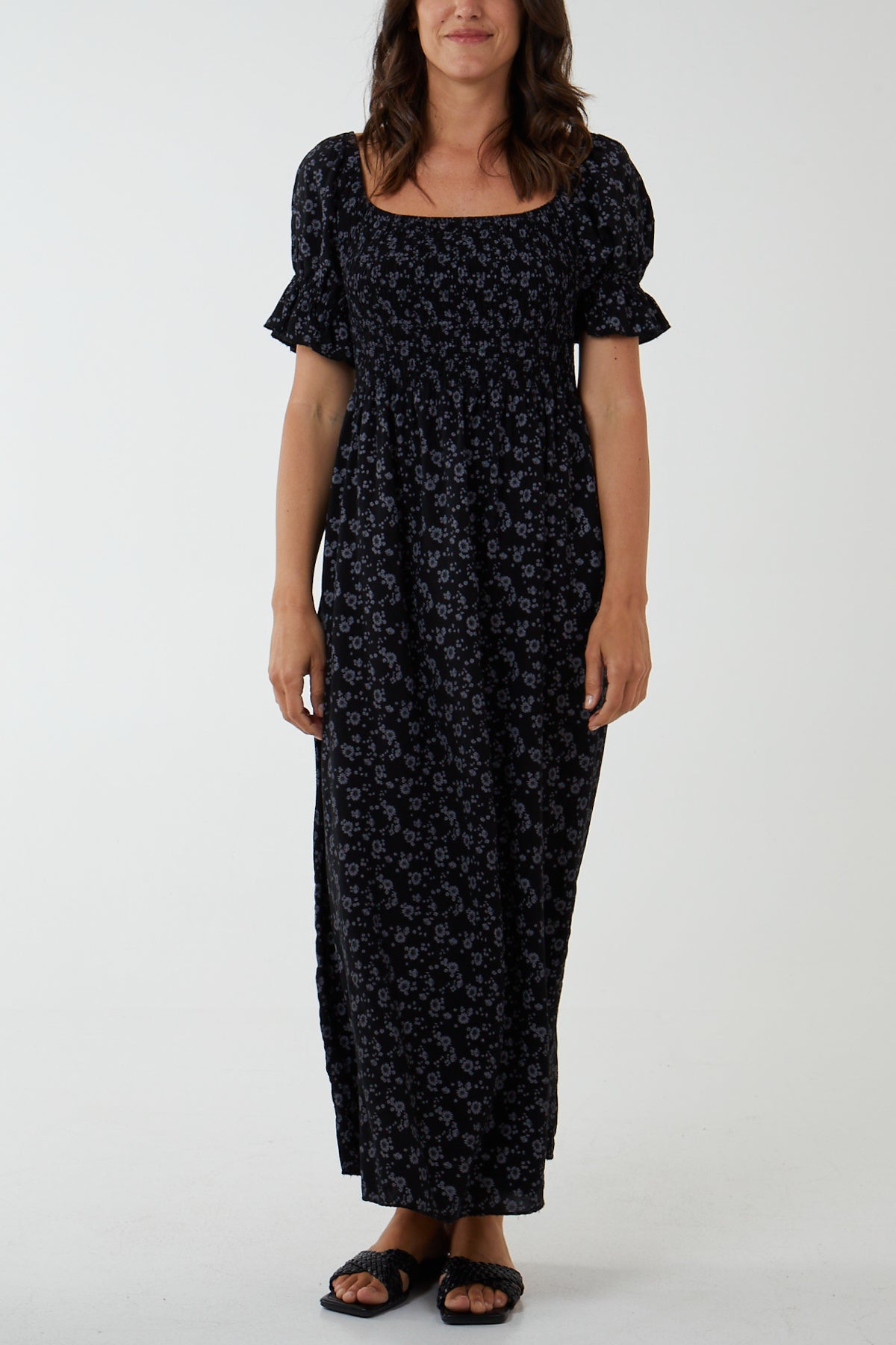 Puff Sleeve Floral Shirred Bodice Dress Clothing WearAll Black One Size