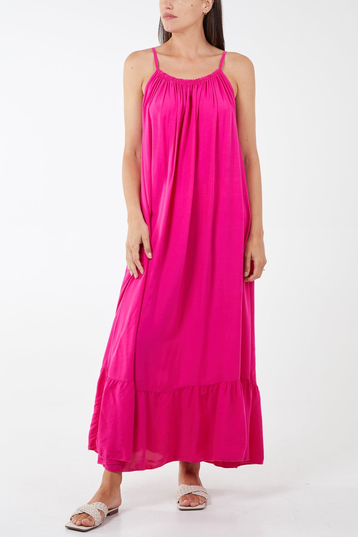 Cami Strap Relaxed Tiered Maxi Dress DMF2 WearAll Fuchsia One Size
