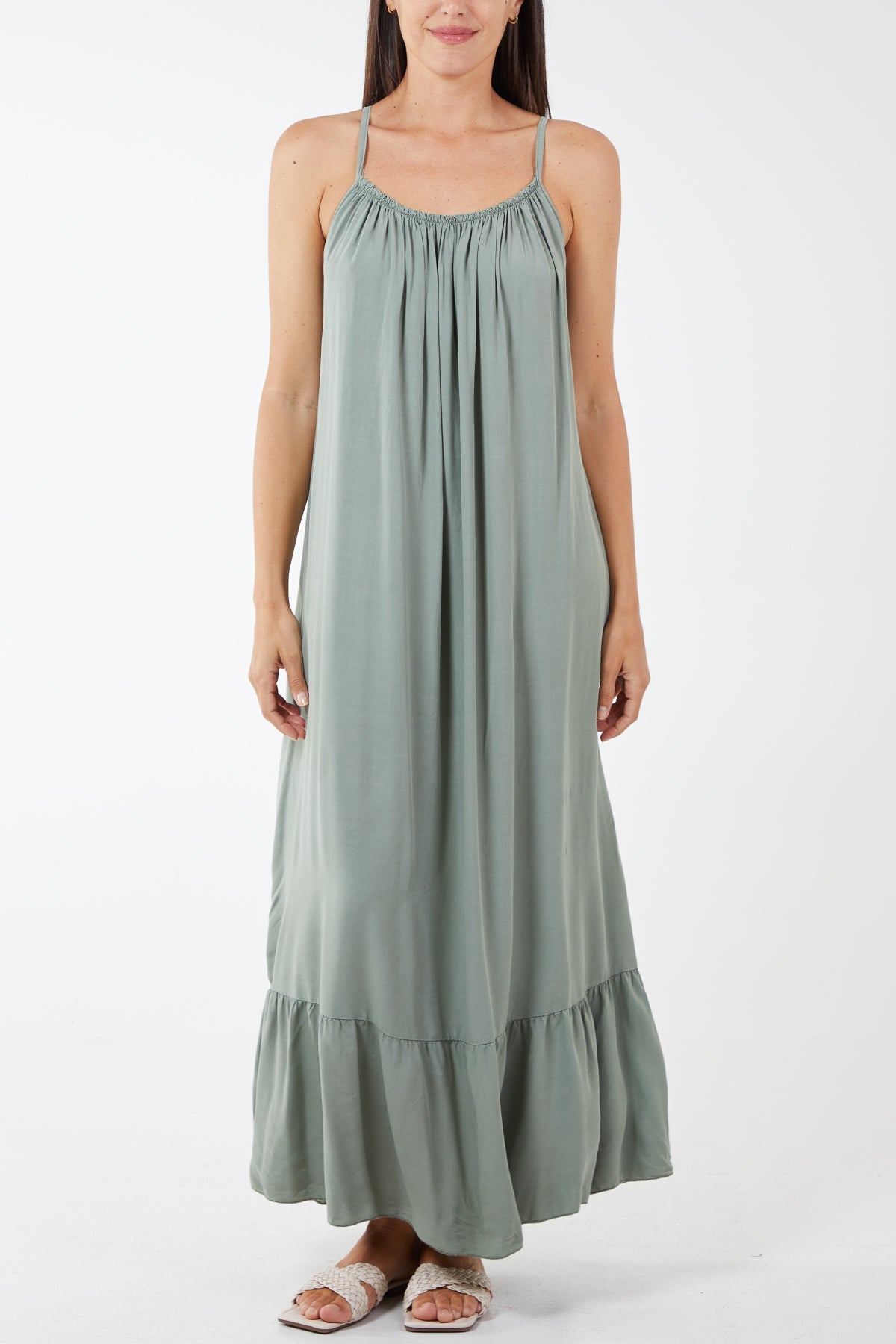 Cami Strap Relaxed Tiered Maxi Dress DMF2 WearAll Khaki One Size